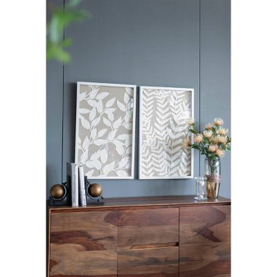 Set of 2 White Botanical Paper Shadow Box Wall Decor with MDF Frame
