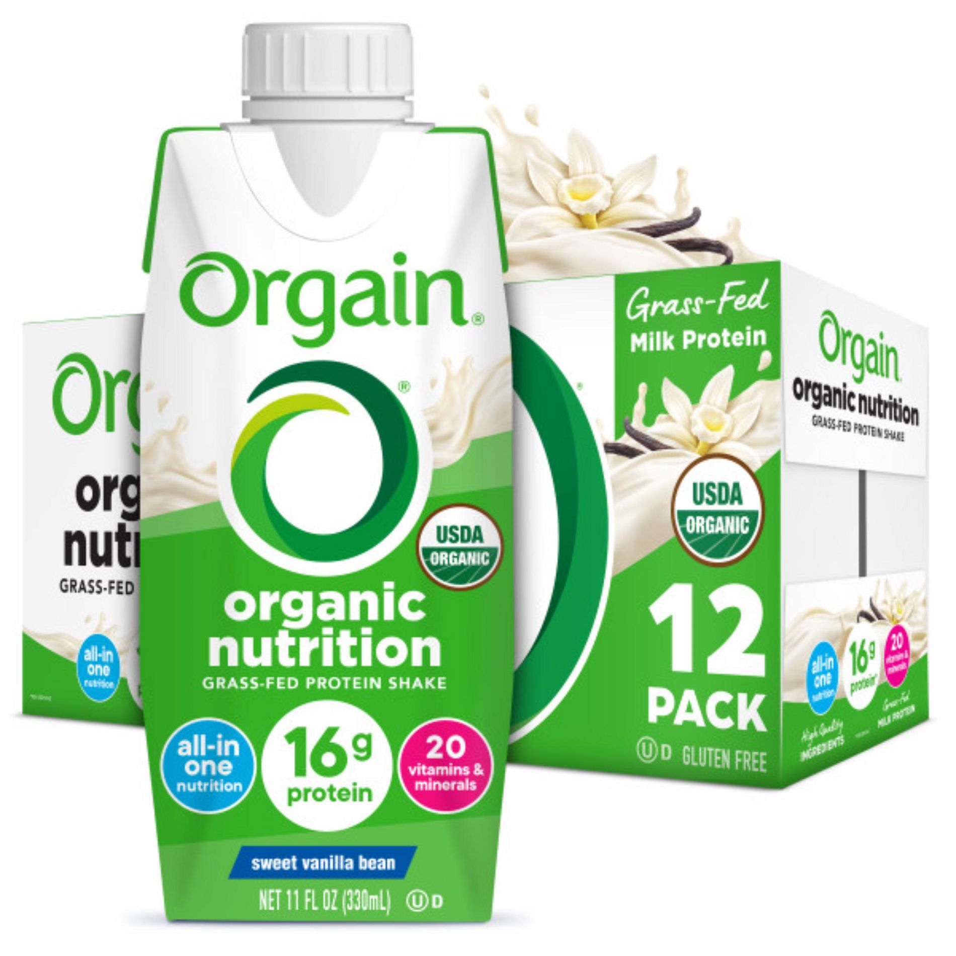 Orgain Organic Nutrition Shake, Grass Fed Protein, Vanilla Bean 11 Fl Oz, 12 Count