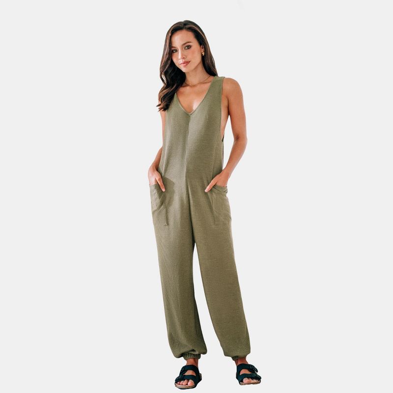 Women's Olive Waffle Knit Sleeveless Patch Pocket Jumpsuit - Cupshe, 1 of 7