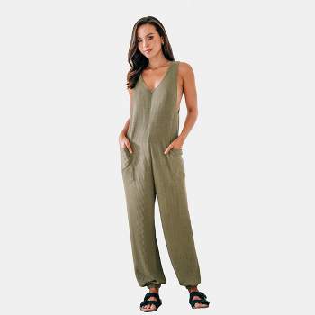 Women's Olive Waffle Knit Sleeveless Patch Pocket Jumpsuit - Cupshe