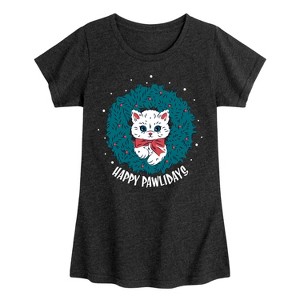 Girls' - Instant Message - Christmas Cat Happy Pawlidays Wreath Fitted Short Sleeve Graphic T-Shirt - 1 of 4