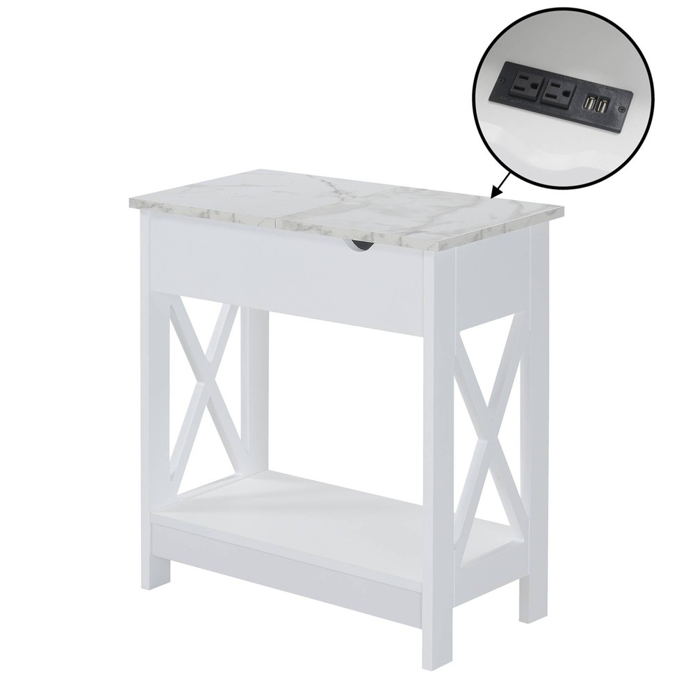 Photos - Dining Table Oxford Flip Top End Table with Charging Station and Shelf Faux Marble/Whit