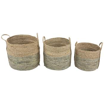 Northlight Set of 3 Round Tall Woven Seagrass Storage Baskets with Handles 16.25"