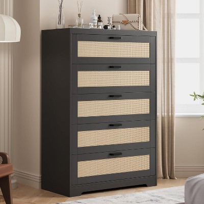Tall Rattan 5-Drawer Dresser, Modern Wooden Chest of Drawers , Storage Organizer for Bedroom, Living Room, Hallway