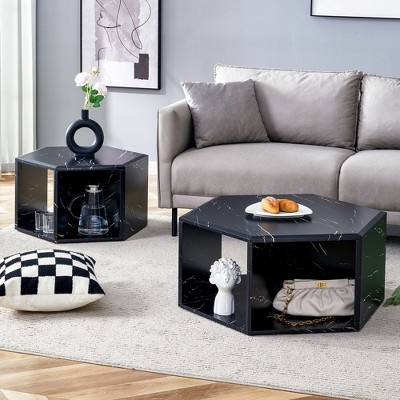 CAVINAS Coffee Tables for Living Room Modern Hexagonal Coffee Table Pattern Stickers Multi-hole Design Tea Table for Dining Room and Bedroom