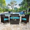 Tangkula 8 Pieces Patio Rattan Conversation Furniture Set Outdoor w/ Brown & Turquoise Cushion - 2 of 4