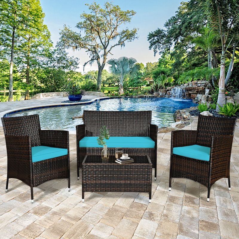 Tangkula 8 Pieces Patio Rattan Conversation Furniture Set Outdoor w/ Brown & Turquoise Cushion, 2 of 10