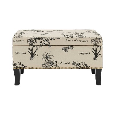 Stephanie Botanical Linen Fabric Storage Ottoman Bench, Beige