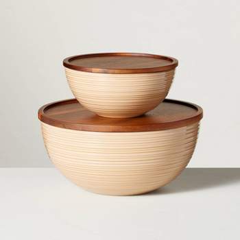 Ribbed Stoneware Serving Bowls with Wood Lids Blush/Brown (Set of 2) - Hearth & Hand™ with Magnolia