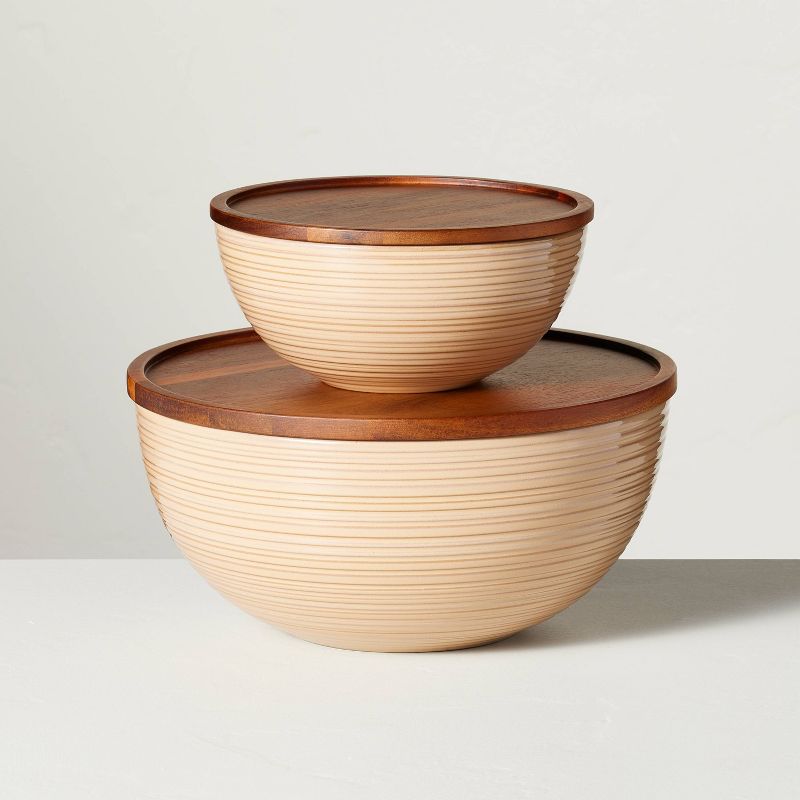 Ribbed Stoneware Serving Bowls with Wood Lids Blush/Brown (Set of 2) - Hearth &#38; Hand&#8482; with Magnolia, 1 of 12