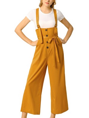 Allegra K Women's High Waist Wide Leg Belted Button Long Overalls Jumpsuit