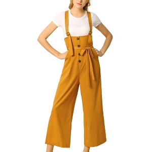Allegra K Women's High Waist Wide Leg Belted Button Long Overalls Jumpsuit - 1 of 4