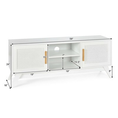 White MDF TV Stand with Rattan Cabinets and Open Shelves