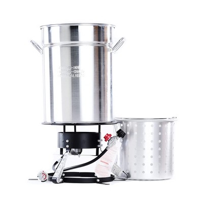 King Kooker Boiling and Steaming 12 Inch Flat Top Outdoor Propane Cooker with 50 Quart Aluminum Ridge Pot and Steamer Basket with Lid Cooking Package