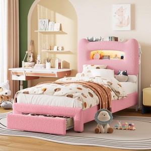 Upholstered Twin Bed Frame with Headboard, 2-Tier Storage, Charging Station & Drawer, Metal Platform, No Box Spring Needed - 1 of 4