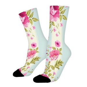 Pink Floral Stripes Women Printed Crew Socks Funny Funky Socks Soft Polyester Novelty Gifts for Artists Men - 1 of 1