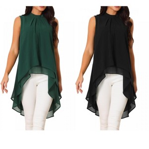INSPIRE CHIC Women's Casual Tie Back Asymmetrical High Low Sleeveless Mock Neck Flowy Blouse 2 Packs - 1 of 4