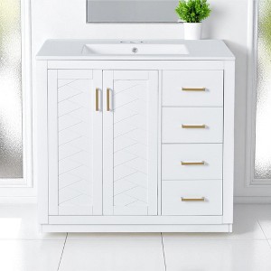 36" Indigo Bathroom Vanity with Sink – Solid Wood Frame, 3 Drawers, 2 Doors, Ceramic Basin, Soft-Close Hardware, Storage Cabinet - 1 of 4