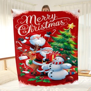 1pc Santa with Reindeer and Snowman Pattern Blanket, All Season Suitable for Bed, Sofa, Home Decor Accessory, Christmas Gifts. - 1 of 4