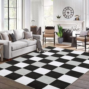 Washable Modern Checkered Plaid Rug Non Slip Low Pile Rug Soft Geometric Throw Floor Cover Foldable Indoor Carpet for Living Room Bedroom Playroom - 1 of 4
