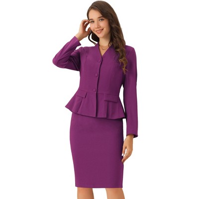 INSPIRE CHIC Women's Long Sleeve Collarless Peplum Blazer and Pencil Skirts Suit Set 2 Pcs