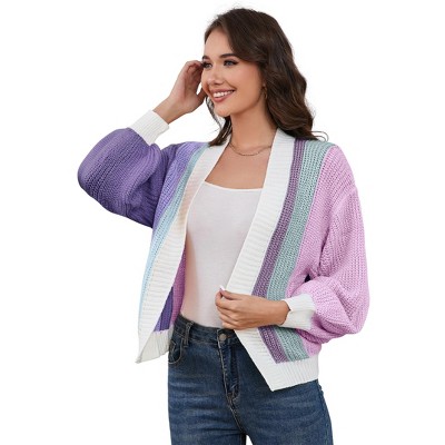 KOJOOIN Women's Color Block Open Front Long Sleeve Casual Cardigan Sweater Ribbed Knit Cropped Cardigan Sweaters