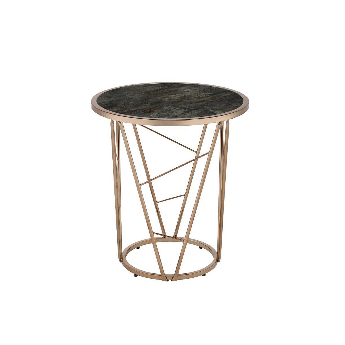 22" Cicatrix Accent Table Faux Black Marble Glass Top Champagne Finish - Acme Furniture: Round, No Assembly, Metal Frame - thumbnail 9