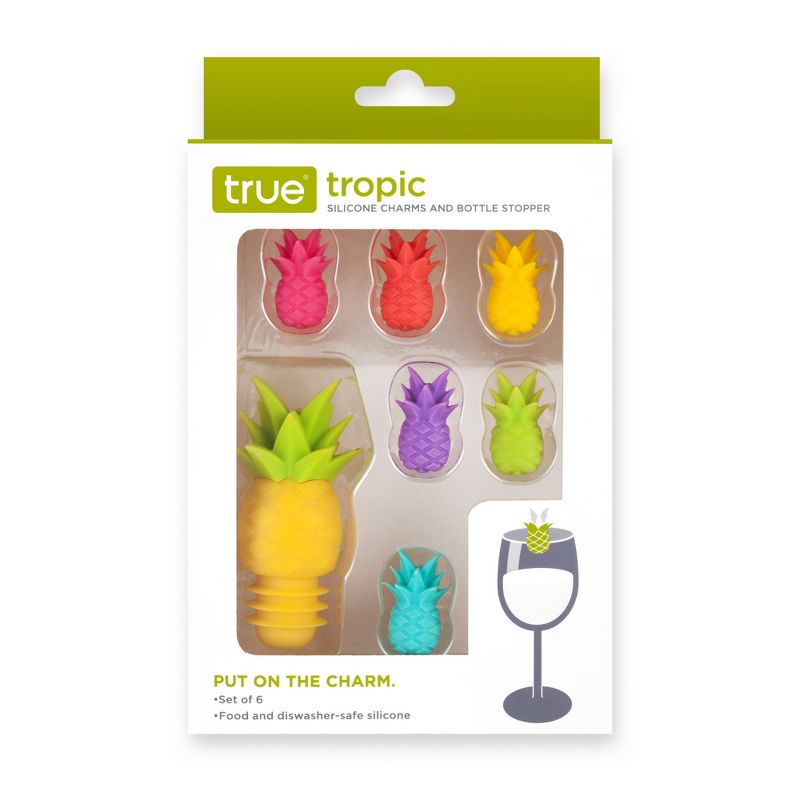 True Pineapple Wine Glass Charms and Drink Markers with Bottle Stopper Set, Silicone, Set of 1 Bottle stopper and 6 Drink Charms, Multi Colored, 4 of 5