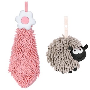 REGALWOVEN Flower and Sheep Shape Absorbent Fast Drying Chenille Hand Towels with Hanging Loop 6" x 15"/7" x 7" 2 Packs - 1 of 4