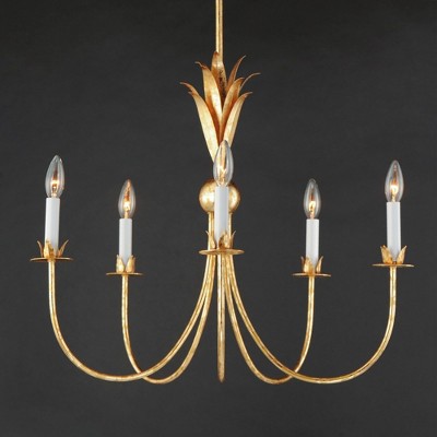 Elegant Gold Leaf 5-Light Chandelier with Off-White Candle Covers