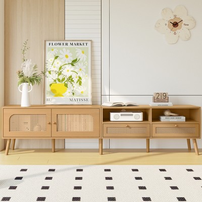 79"W Boho Farmhouse TV Stand TV Console Entertainment Center Media Console with Drawer, Cabinet and Shelves for TVs Up to 85", Natural Wood-ModernLuxe