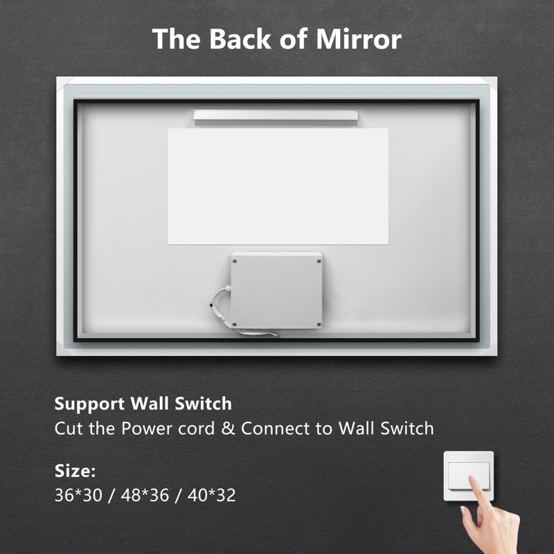 HOMLUX 36 in. W x 30 in. H Rectangular Frameless LED Mirror with Motion Sensing Anti-Fog Wall Mounted Bathroom Vanity Mirror, 4 of 9