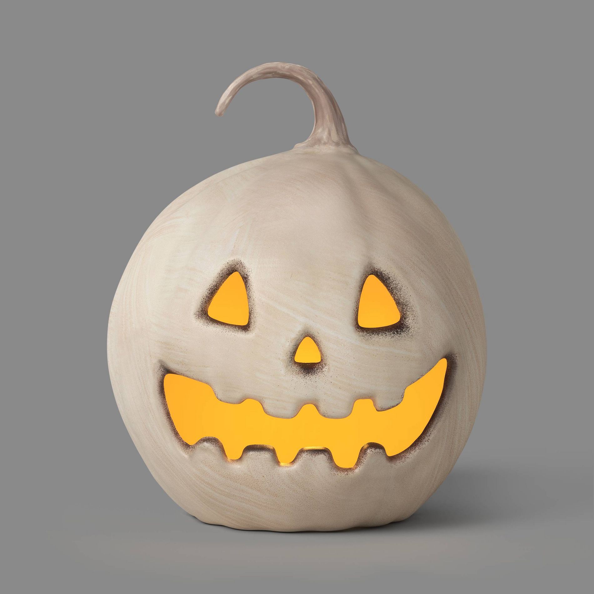 15.3" Lit Pumpkin Jack O' Lantern with Teeth/Timer and Terracotta Look Halloween Decorative Prop Off-White - Hyde and EEK! Boutique™