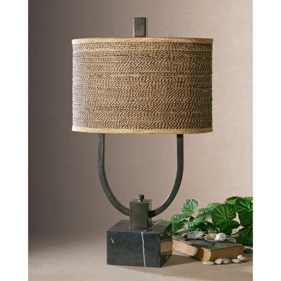 Rustic Bronze Oval Metal Table Lamp with Woven Shade