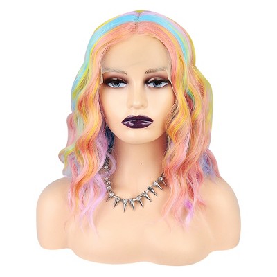 Unique Bargains Women's Medium Long Fluffy Curly Wavy Lace Front Wigs with Wig Cap 14" Multicolor 1PC