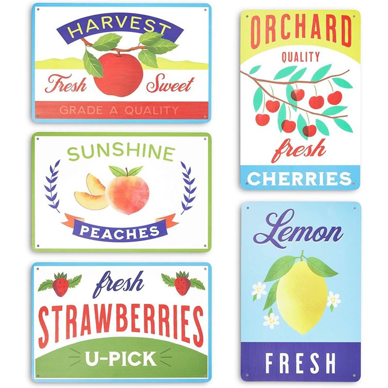 Farmlyn Creek 5 Pack Fruit Crate Label Wall Signs, Metal Kitchen Decor, 5 Designs (11.8 x 7.8 in), 1 of 8