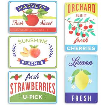 Farmlyn Creek 5 Pack Fruit Crate Label Wall Signs, Metal Kitchen Decor, 5 Designs (11.8 x 7.8 in)