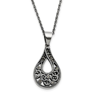 Black Bow Jewelry Marcasite Teardrop Necklace in Antiqued Stainless Steel, 20 Inch - 1 of 4