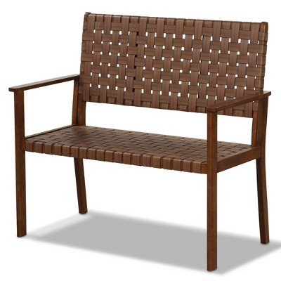 Tangkula Patio Loveseat Bench w/ Solid Rubber Wood Frame & Hand Woven PU Leather All Weather