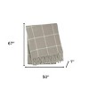 HomeRoots 50" X 67" Sand And White Cotton Blend Woven Plaid Throw Blanket with Fringe - 3 of 4
