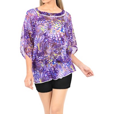 LA LEELA Women's Short Vacation Beachwear Mini Swim Suit Summer Beach Loose Dress Bathing Suit Cover Ups Small-Medium Purple, Abstract