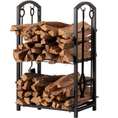 Black Iron Outdoor Firewood Log Cart with Tool Rack
