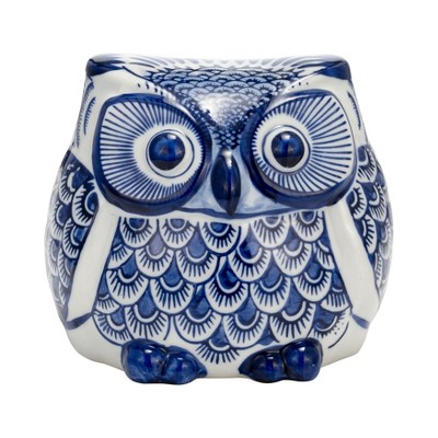 Sagebrook Home 5" Ceramic Owl Sculpture - Contemporary Blue and White Chinoiserie Decorative Owl Figurine for Home or Office Accent - Creative Gift