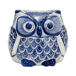 Sagebrook Home 5" Ceramic Owl Sculpture - Contemporary Blue and White Chinoiserie Decorative Owl Figurine for Home or Office Accent - Creative Gift - 1 of 4