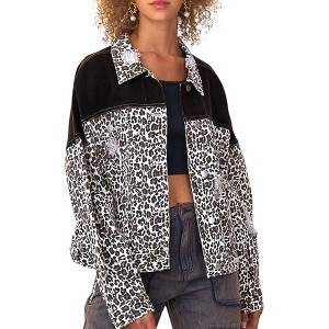 Anna-Kaci Women's Leopard Print Long Sleeve Crop Denim Jacket for Everyday Looks - 1 of 4