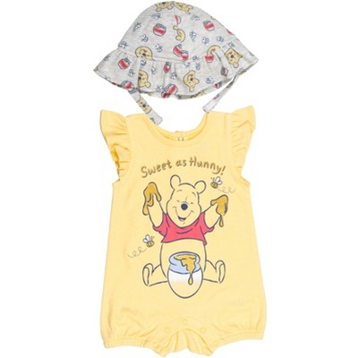 Disney Minnie Mouse Winnie the Pooh Nightmare Before Christmas Baby Girls Snap Romper and Bucket Sun Hat Newborn to Infant