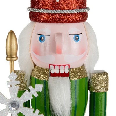 15" Red and Green Glittered Nutcracker with Snowflake Scepter