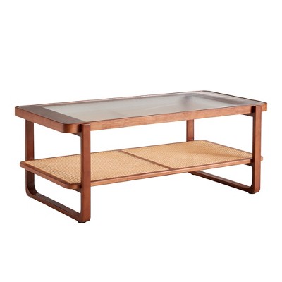 GDFStudio Ronald Modern Double-layer Solid Wood Glass 46" Rectangle Coffee Table with Rattan Weaving