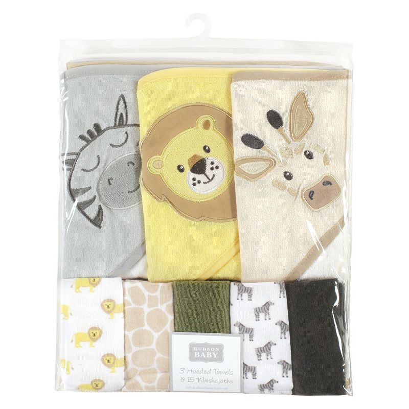 Hudson Baby Infant Boy Animal Hooded Towel 3pk and 15 Washcloths, Safari, One Size, 2 of 7