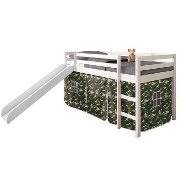 Donco Kids Tent Twin White Low Loft Bed With Slide & Cammo Print Tent